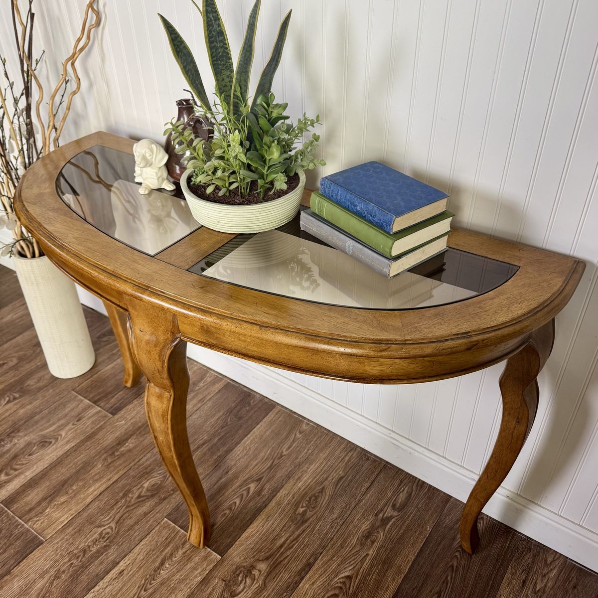 Vintage Demi-Lune Console Table w/ Glass Insets