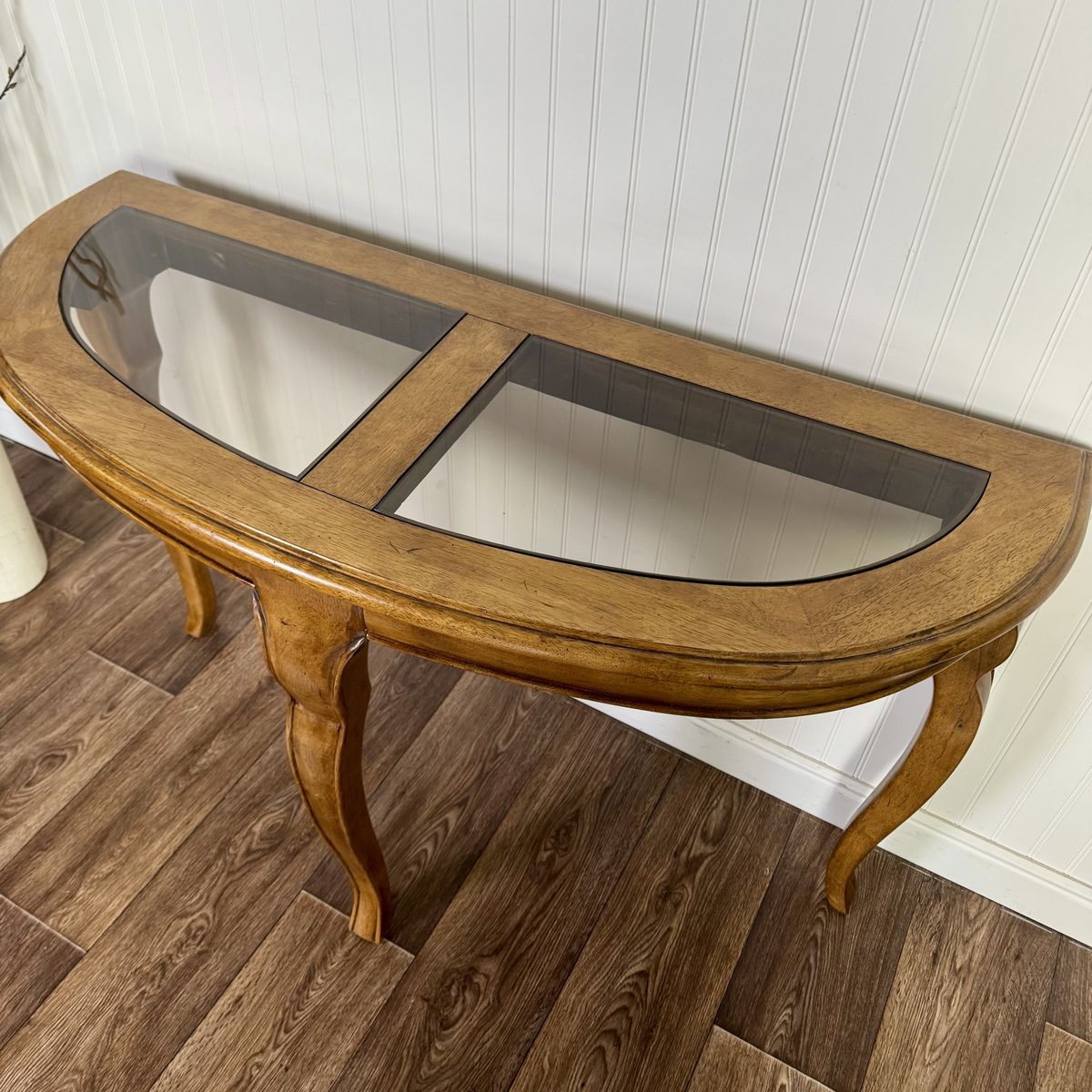 Vintage Demi-Lune Console Table w/ Glass Insets