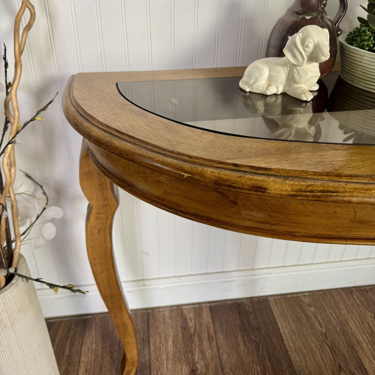 Vintage Demi-Lune Console Table w/ Glass Insets