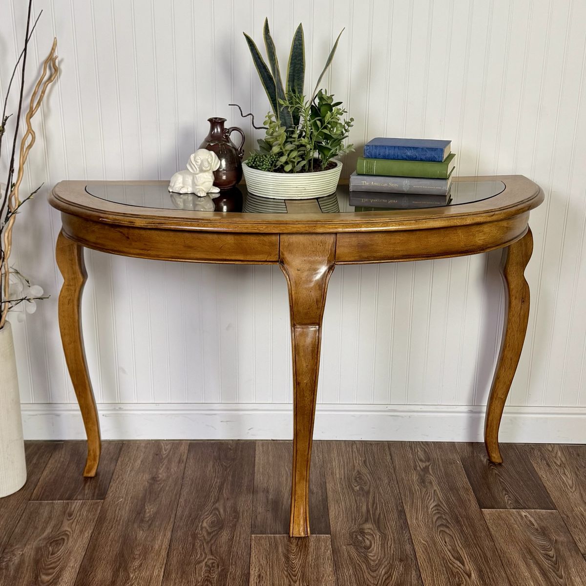 Vintage Demi-Lune Console Table w/ Glass Insets