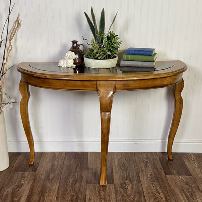 Vintage Demi-Lune Console Table w/ Glass Insets