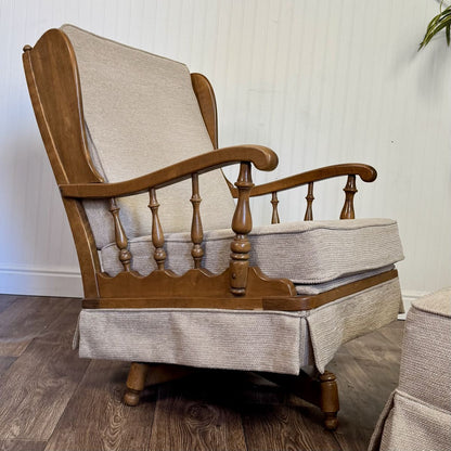Vintage Ethan Allen Colonial Spindle Arm Wingback Chair & Ottoman