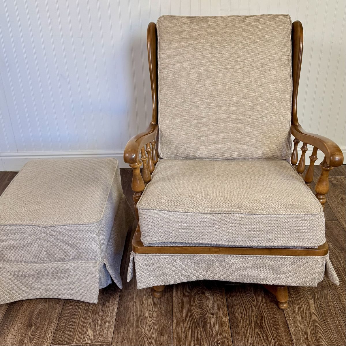 Vintage Ethan Allen Colonial Spindle Arm Wingback Chair & Ottoman