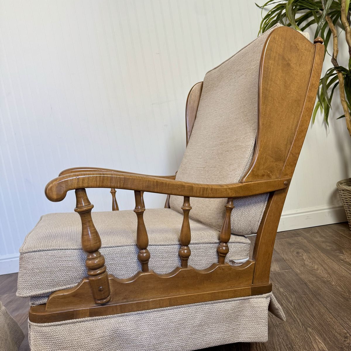 Vintage Ethan Allen Colonial Spindle Arm Wingback Chair & Ottoman
