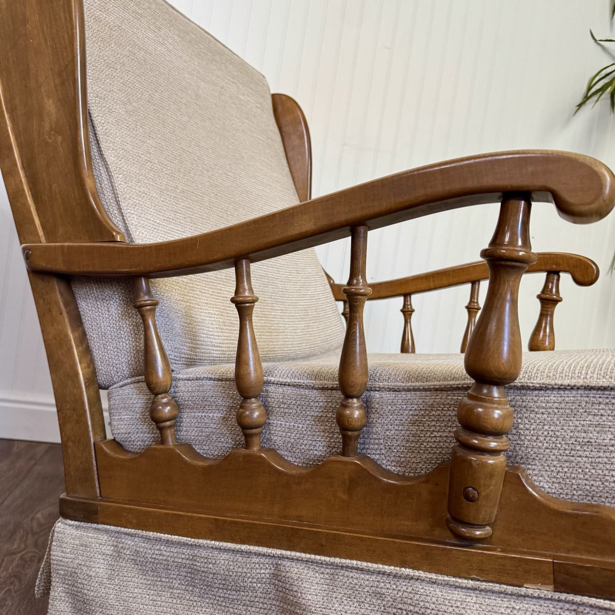 Vintage Ethan Allen Colonial Spindle Arm Wingback Chair & Ottoman