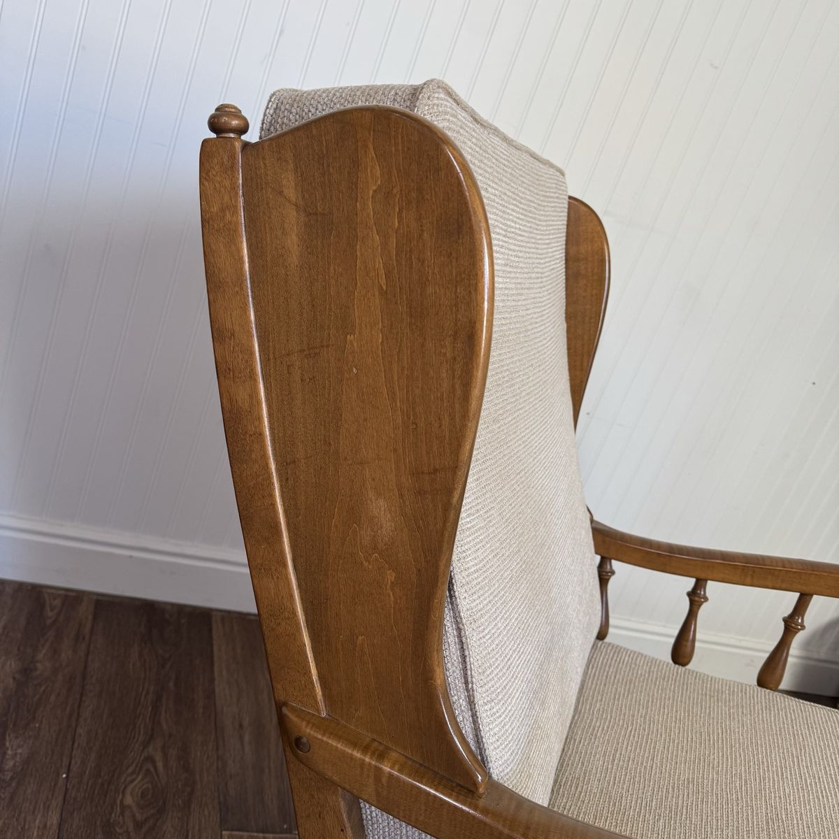 Vintage Ethan Allen Colonial Spindle Arm Wingback Chair & Ottoman
