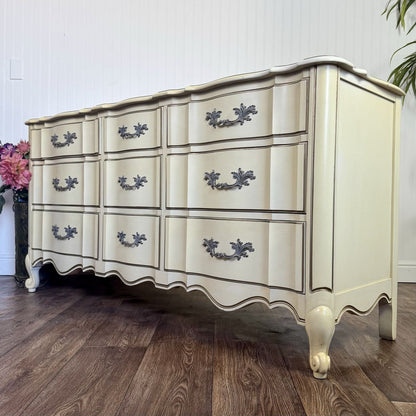 Vintage French Provincial 9-Drawer Lowboy Dresser – White Fine and Furniture