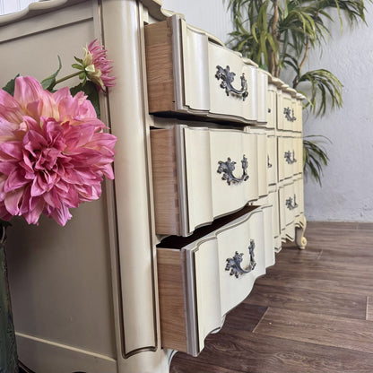 Vintage French Provincial 9-Drawer Lowboy Dresser – White Fine and Furniture