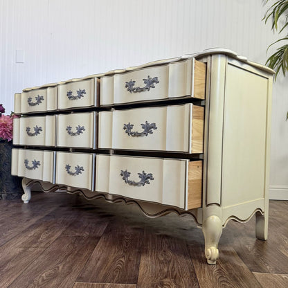 Vintage French Provincial 9-Drawer Lowboy Dresser – White Fine and Furniture