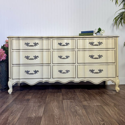 Vintage French Provincial 9-Drawer Lowboy Dresser – White Fine and Furniture