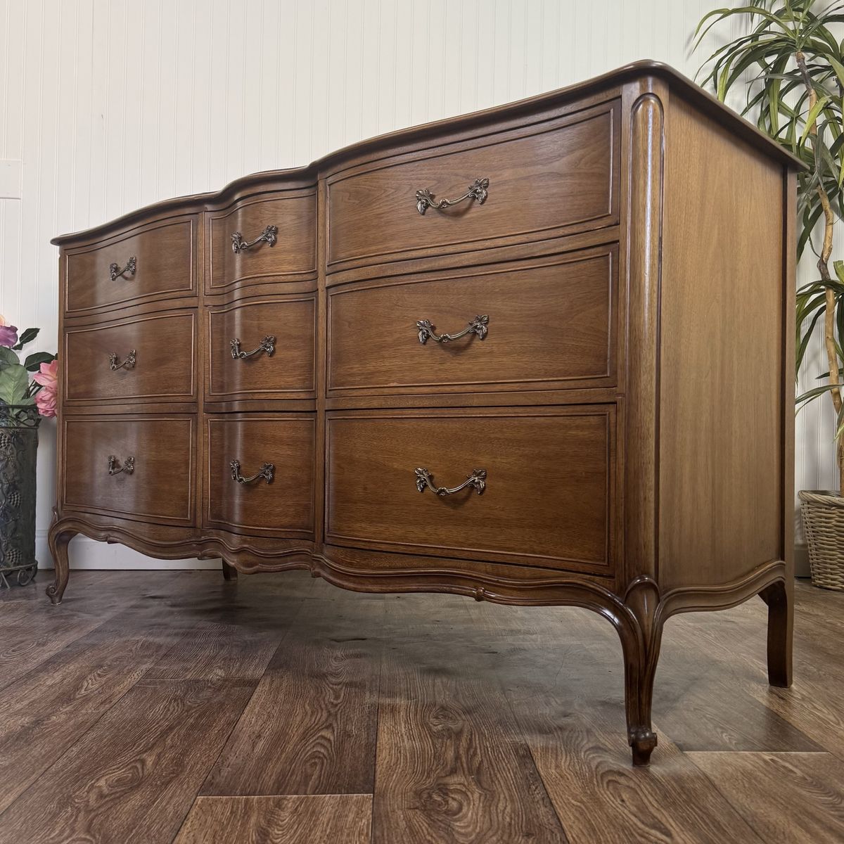 French Provincial Vintage Drexel Bordeaux 9-Drawer Serpentine Lowboy Dresser