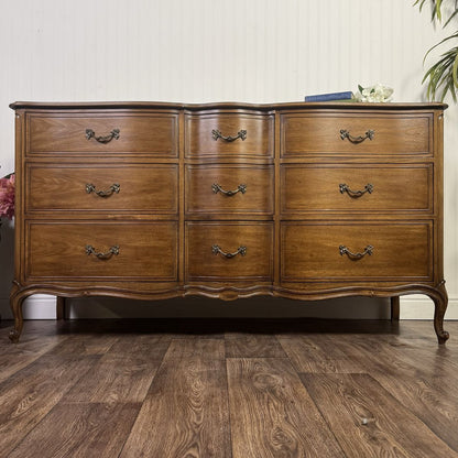 French Provincial Vintage Drexel Bordeaux 9-Drawer Serpentine Lowboy Dresser