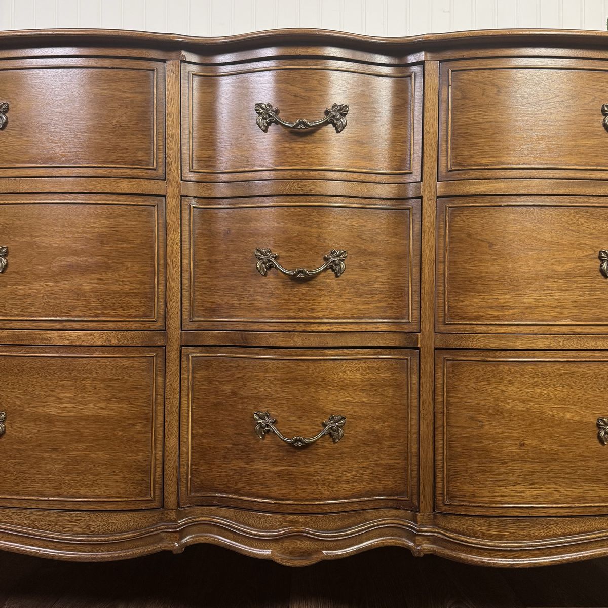 French Provincial Vintage Drexel Bordeaux 9-Drawer Serpentine Lowboy Dresser
