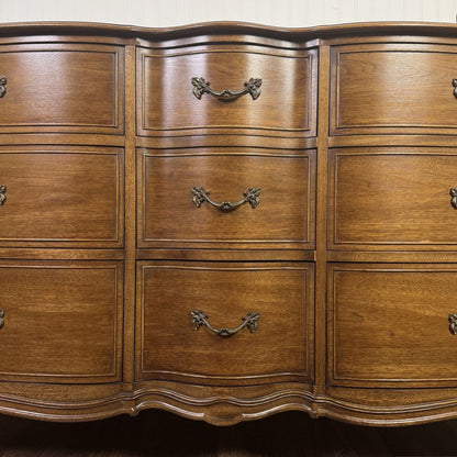 French Provincial Vintage Drexel Bordeaux 9-Drawer Serpentine Lowboy Dresser