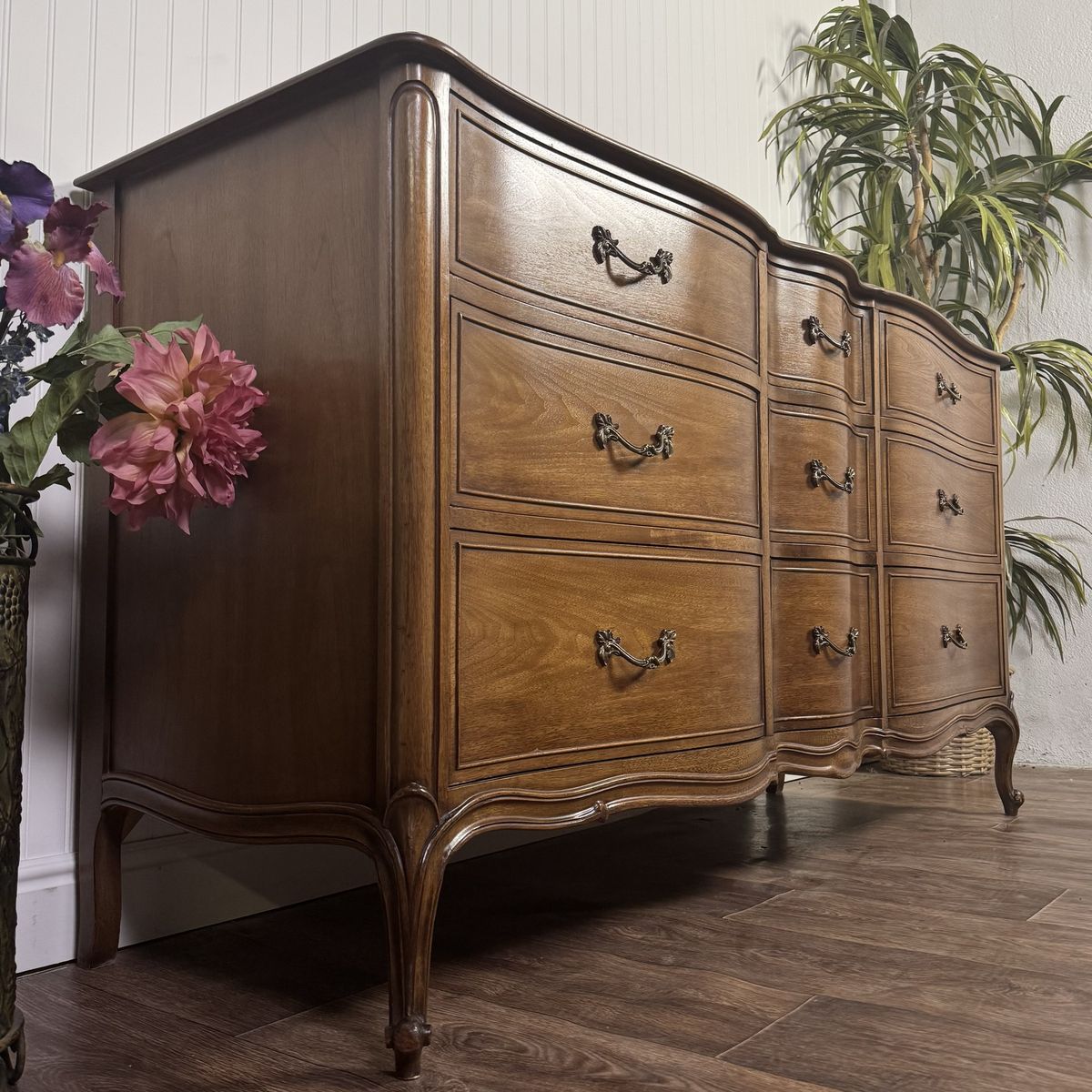 French Provincial Vintage Drexel Bordeaux 9-Drawer Serpentine Lowboy Dresser