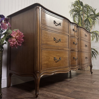 French Provincial Vintage Drexel Bordeaux 9-Drawer Serpentine Lowboy Dresser