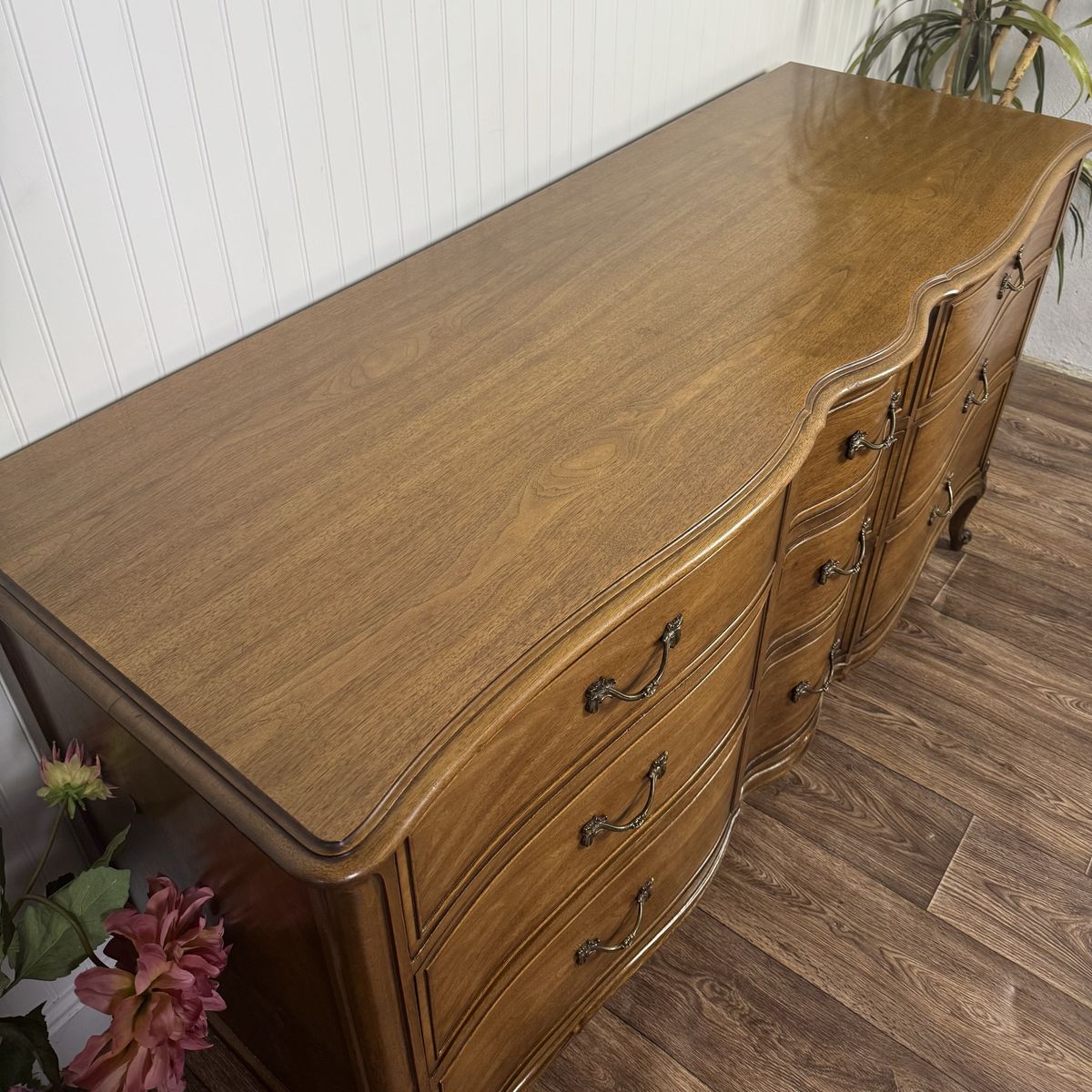 French Provincial Vintage Drexel Bordeaux 9-Drawer Serpentine Lowboy Dresser