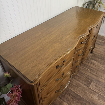 French Provincial Vintage Drexel Bordeaux 9-Drawer Serpentine Lowboy Dresser