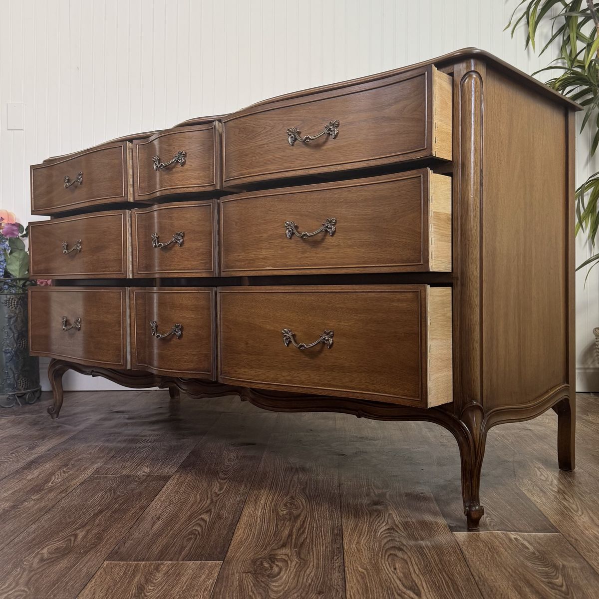 French Provincial Vintage Drexel Bordeaux 9-Drawer Serpentine Lowboy Dresser