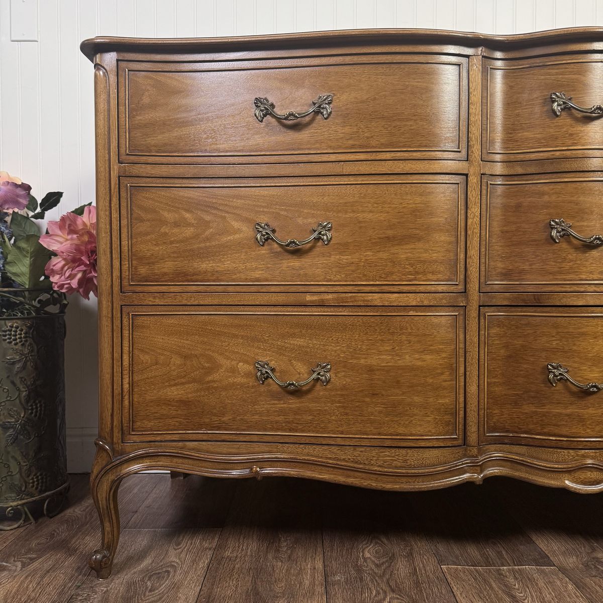 French Provincial Vintage Drexel Bordeaux 9-Drawer Serpentine Lowboy Dresser
