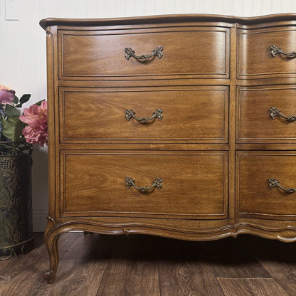 French Provincial Vintage Drexel Bordeaux 9-Drawer Serpentine Lowboy Dresser