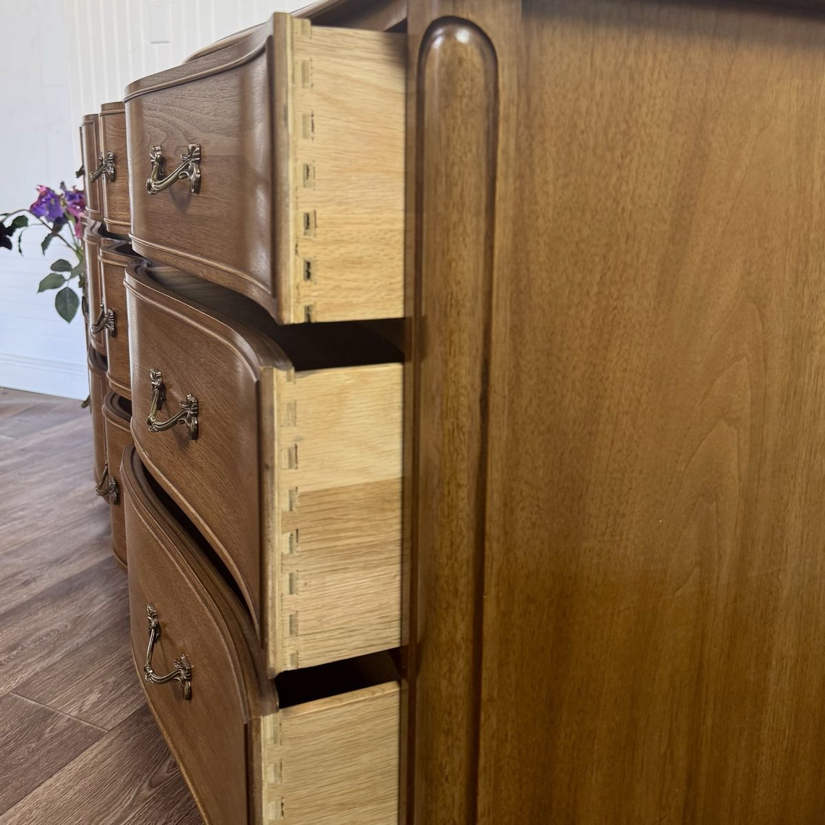 French Provincial Vintage Drexel Bordeaux 9-Drawer Serpentine Lowboy Dresser