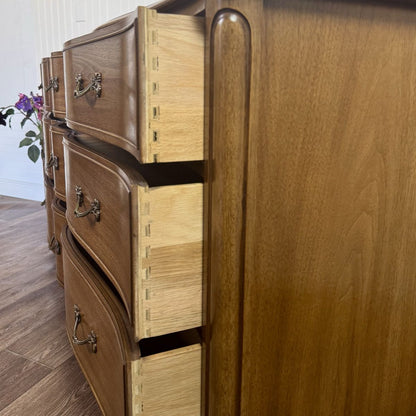 French Provincial Vintage Drexel Bordeaux 9-Drawer Serpentine Lowboy Dresser