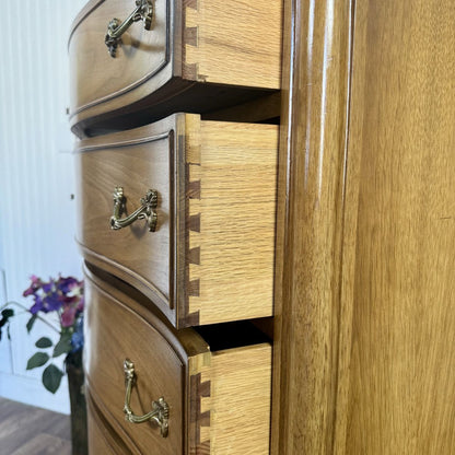 French Provincial Vintage Drexel Touraine 5-Drawer Serpentine Tallboy Dresser