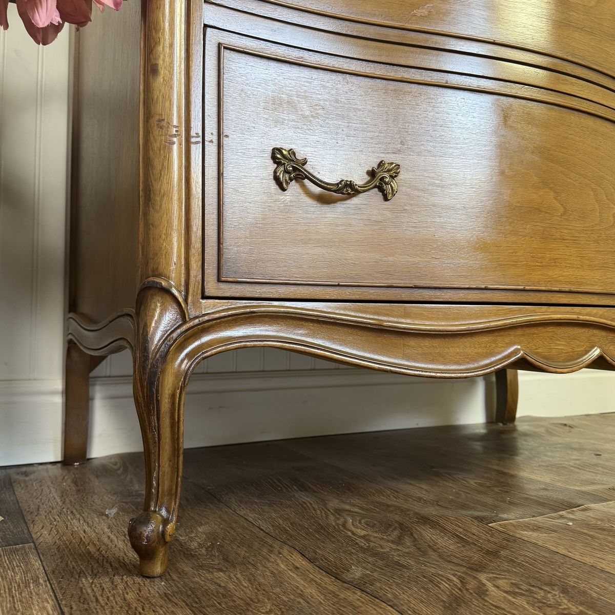 French Provincial Vintage Drexel Touraine 5-Drawer Serpentine Tallboy Dresser