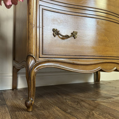 French Provincial Vintage Drexel Touraine 5-Drawer Serpentine Tallboy Dresser
