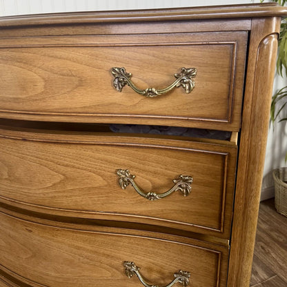 French Provincial Vintage Drexel Touraine 5-Drawer Serpentine Tallboy Dresser