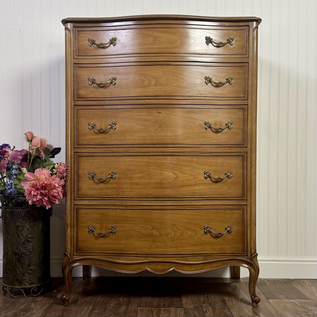 French Provincial Vintage Drexel Touraine 5-Drawer Serpentine Tallboy Dresser