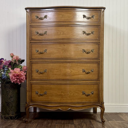 French Provincial Vintage Drexel Touraine 5-Drawer Serpentine Tallboy Dresser