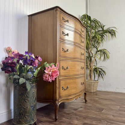French Provincial Vintage Drexel Touraine 5-Drawer Serpentine Tallboy Dresser