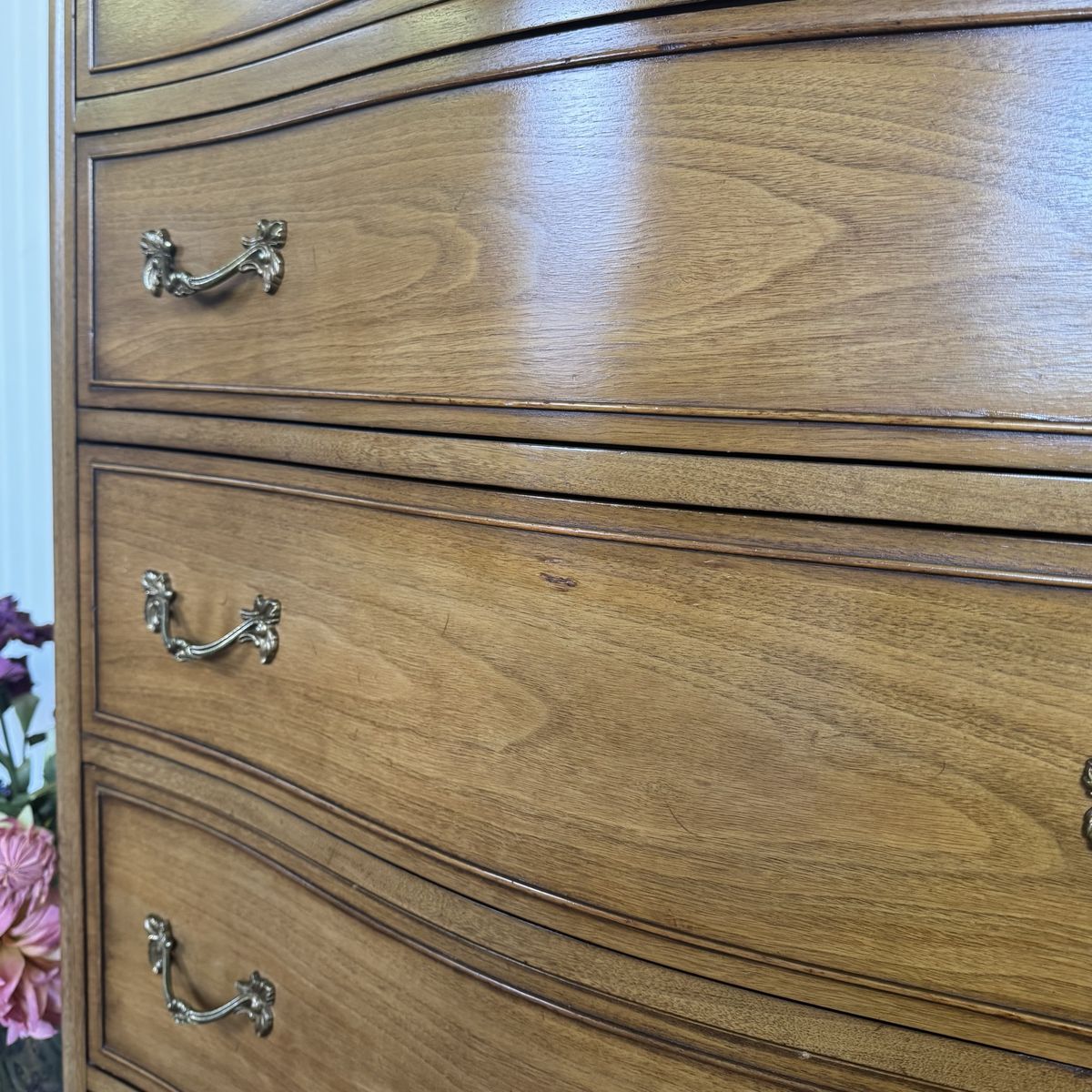 French Provincial Vintage Drexel Touraine 5-Drawer Serpentine Tallboy Dresser