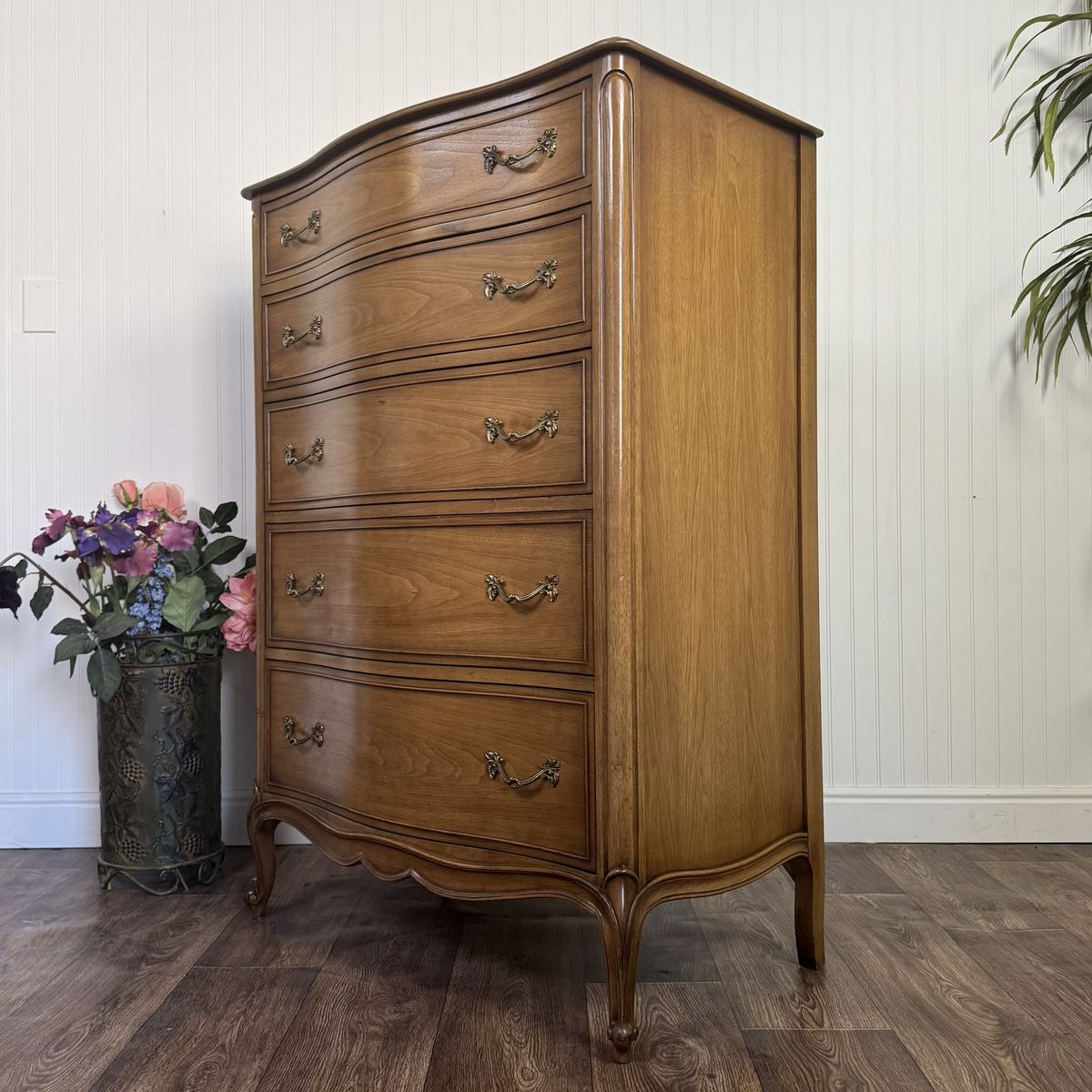 French Provincial Vintage Drexel Touraine 5-Drawer Serpentine Tallboy Dresser