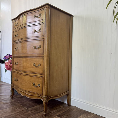 French Provincial Vintage Drexel Touraine 5-Drawer Serpentine Tallboy Dresser