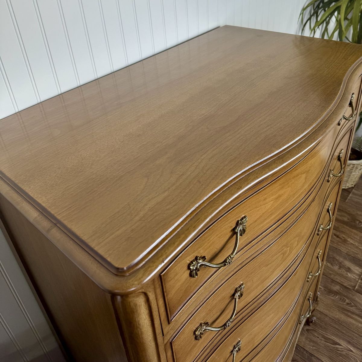 French Provincial Vintage Drexel Touraine 5-Drawer Serpentine Tallboy Dresser