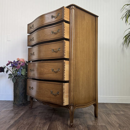 French Provincial Vintage Drexel Touraine 5-Drawer Serpentine Tallboy Dresser
