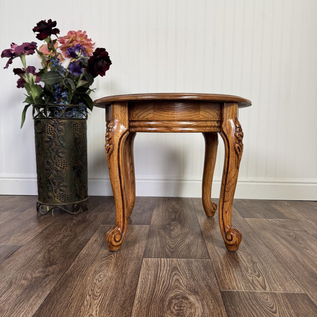 Vintage French Provincial Oak Carved Accent Table