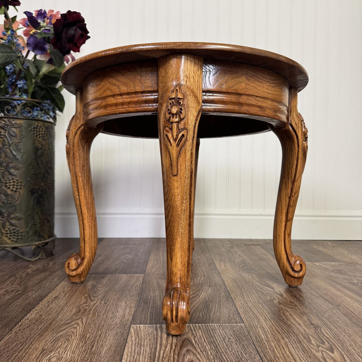 Vintage French Provincial Oak Carved Accent Table