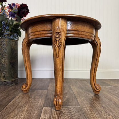 Vintage French Provincial Oak Carved Accent Table