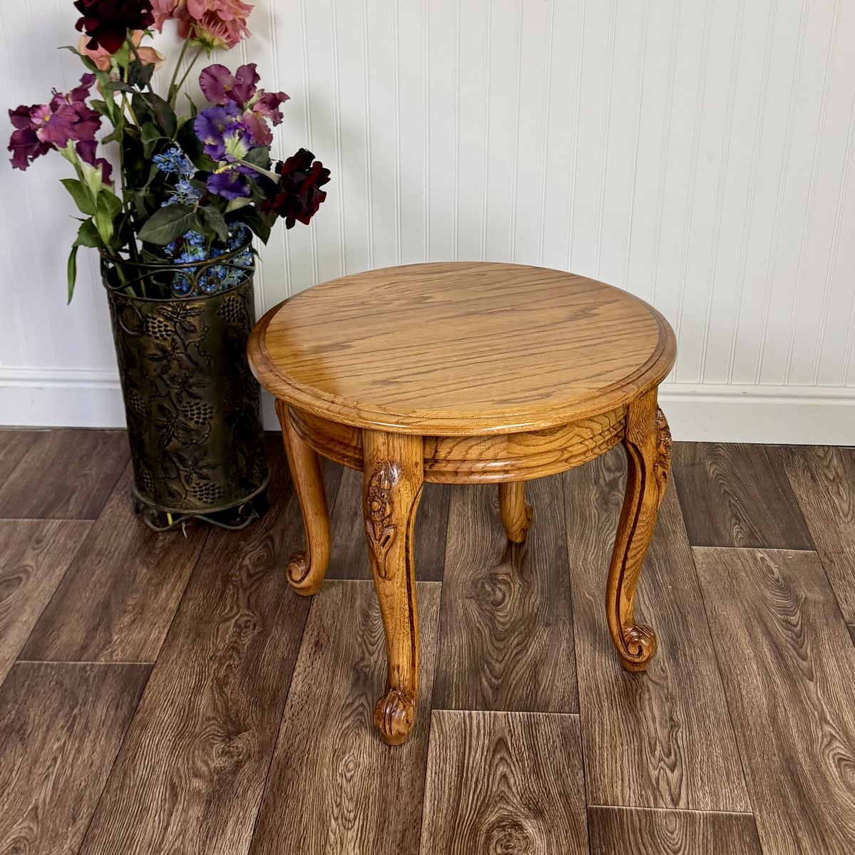 Vintage French Provincial Oak Carved Accent Table