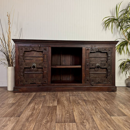 Vintage Hand-Carved Solid Wood Credenza, Sideboard, or Media Console