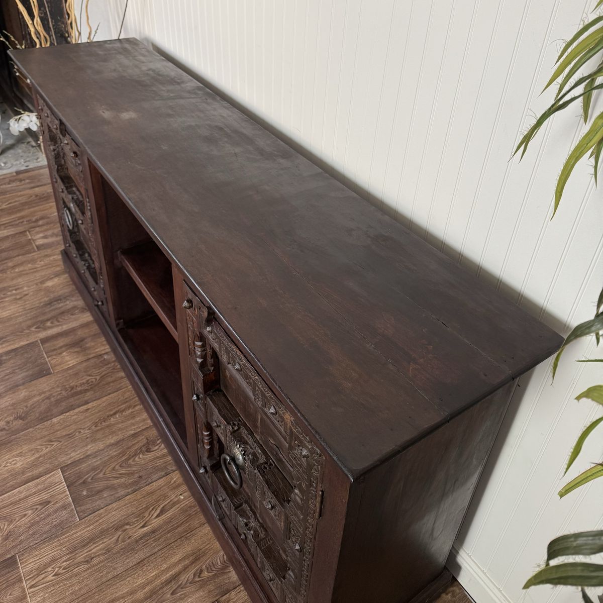 Vintage Hand-Carved Solid Wood Credenza, Sideboard, or Media Console