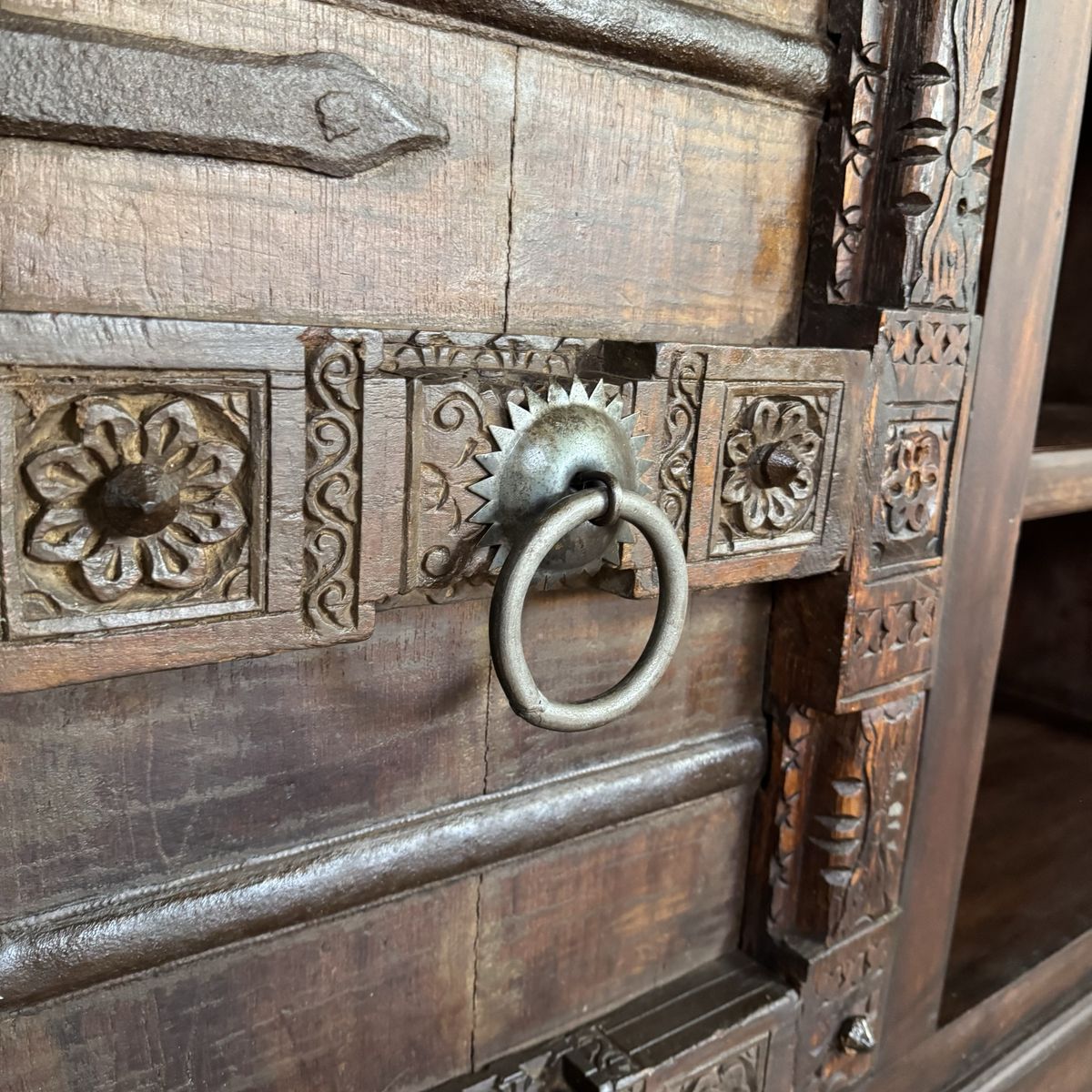 Vintage Hand-Carved Solid Wood Credenza, Sideboard, or Media Console