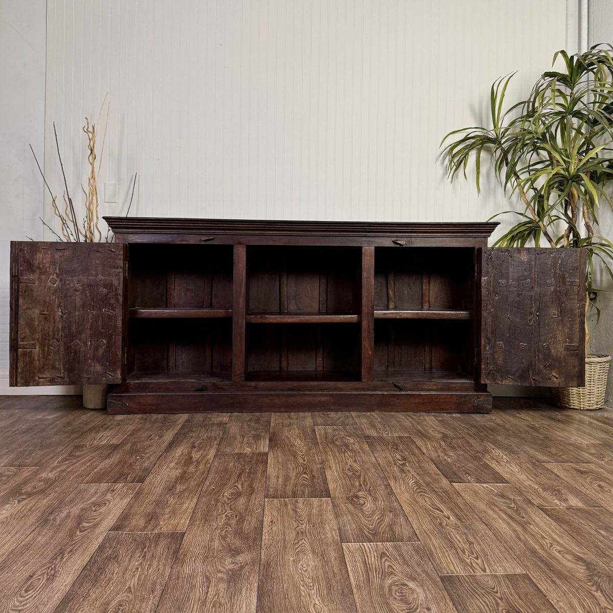 Vintage Hand-Carved Solid Wood Credenza, Sideboard, or Media Console