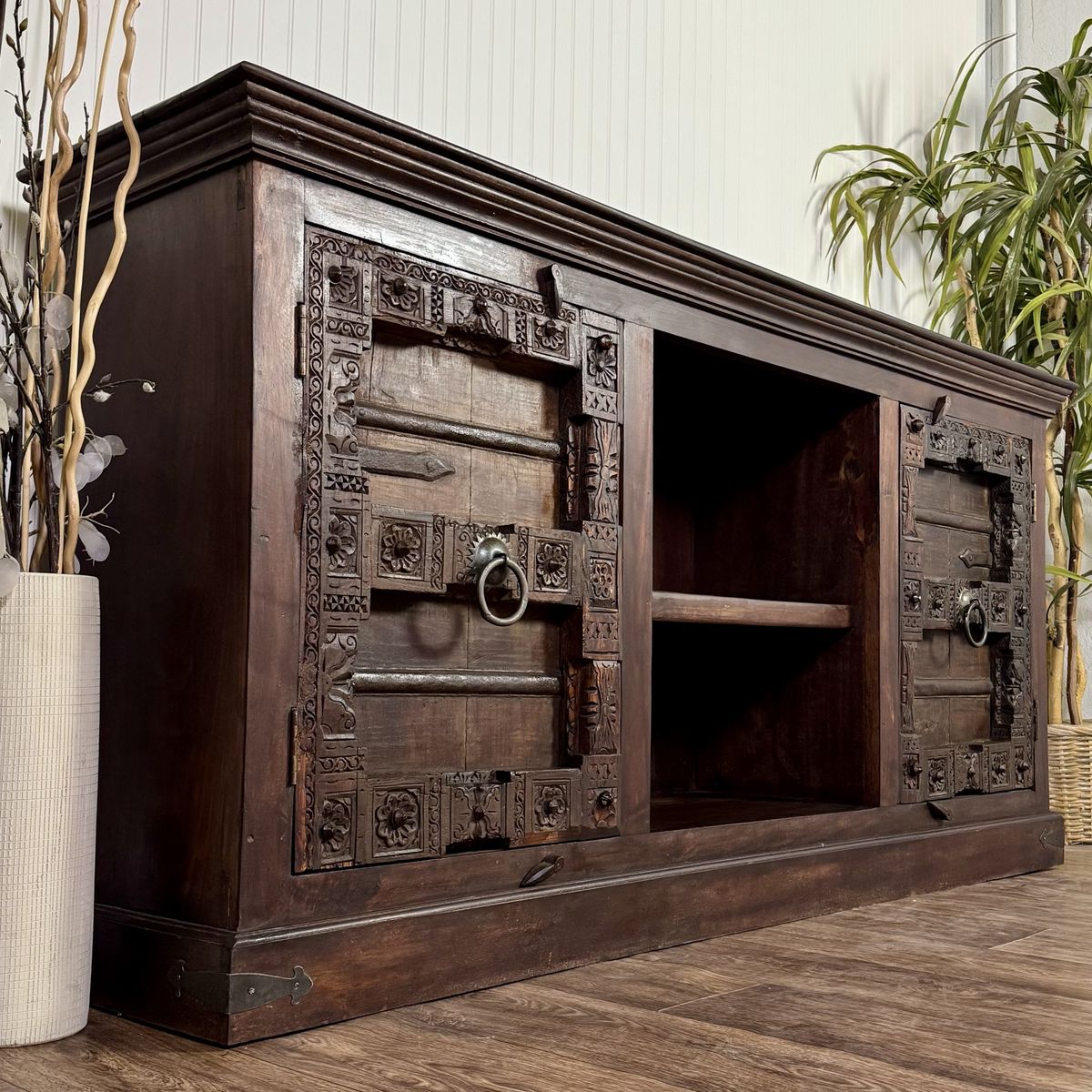 Vintage Hand-Carved Solid Wood Credenza, Sideboard, or Media Console