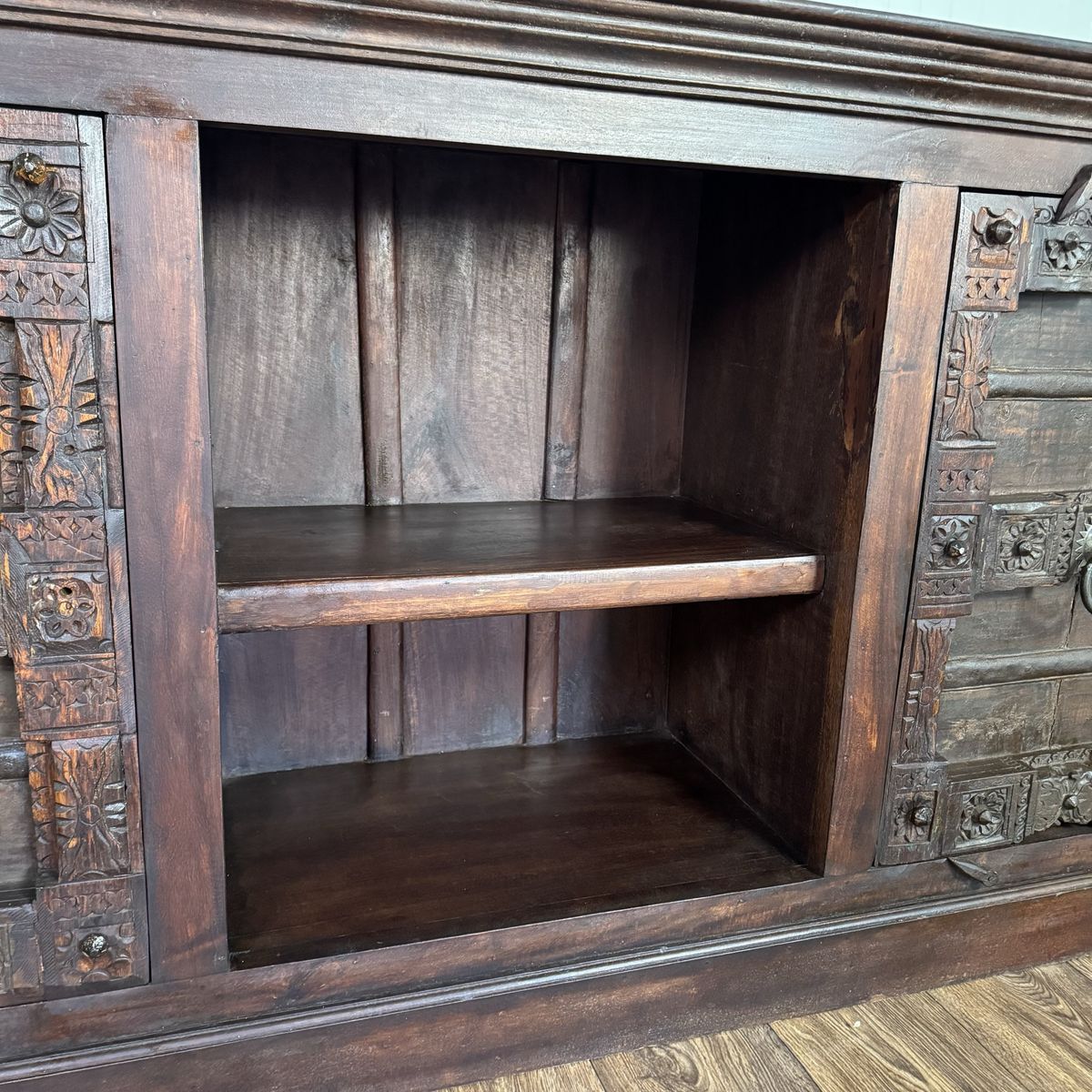 Vintage Hand-Carved Solid Wood Credenza, Sideboard, or Media Console