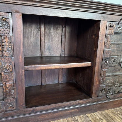 Vintage Hand-Carved Solid Wood Credenza, Sideboard, or Media Console